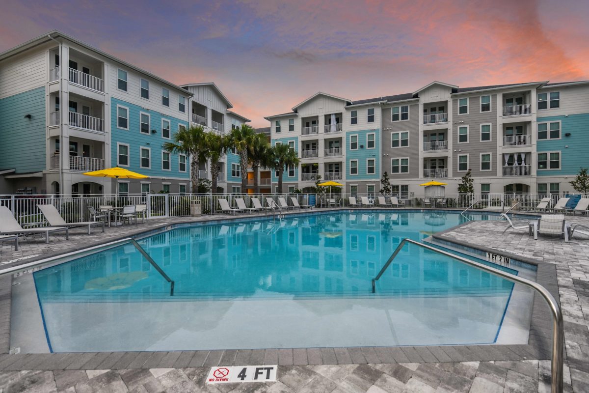 Twilight shot of pool